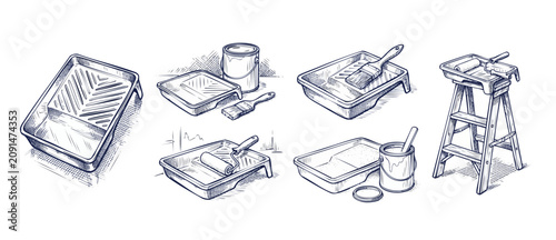 House painting tools line art sketch set containing painting trays, roller brushes, cans, and a ladder for home renovation DIY improvement projects hand drawn isolated on white background vector icons