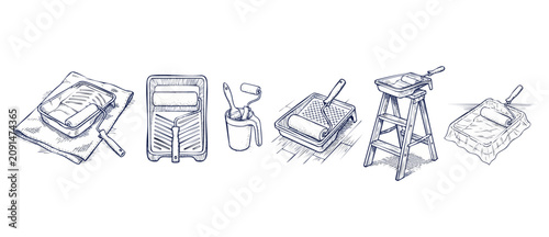 Paint roller tray brush set hand drawn sketch style for home renovation improvement DIY repair project, minimalist clean blue line art illustration isolated on white background graphic toolset bundle.