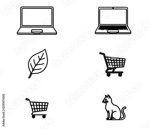 Bild auf Leinwand Hand-traced vector icon set with elegant cat, minimalist laptops, botanical leaf