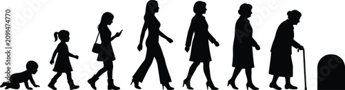 Woman Life Stages Silhouette Vector Collection Featuring Baby, Girl, Teenager, Adult, Senior Woman, Aging Timeline and Gravestone Illustration