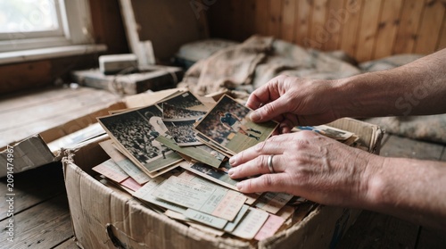 A person's hands sorting through a box of old photographs in a rustic attic. The photos appear to be vintage and are spread across the worn cardboard box.