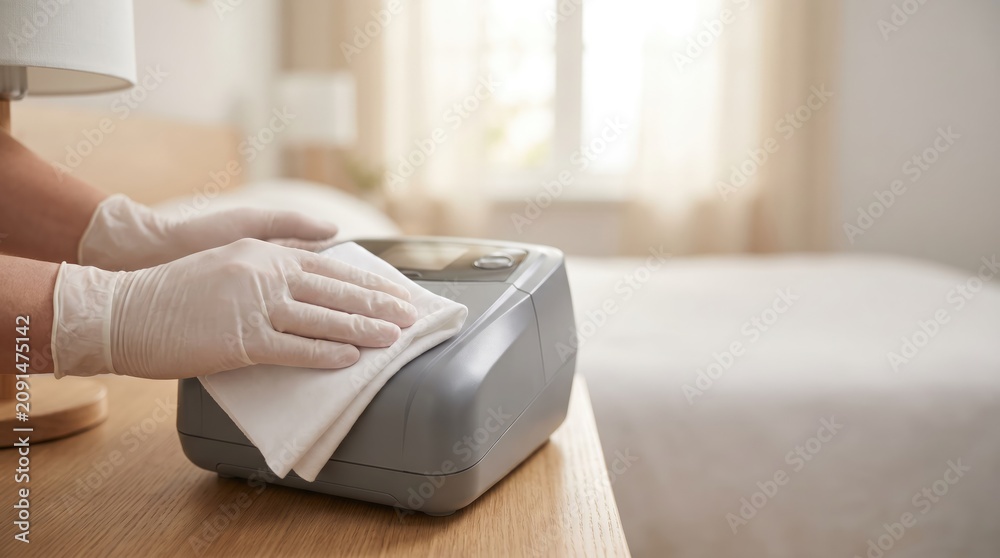 Fototapeta premium Hands in gloves wipe a device with a cloth