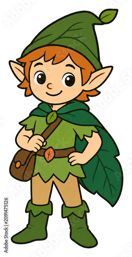 Young elf character smiling in green outfit with leaf details  