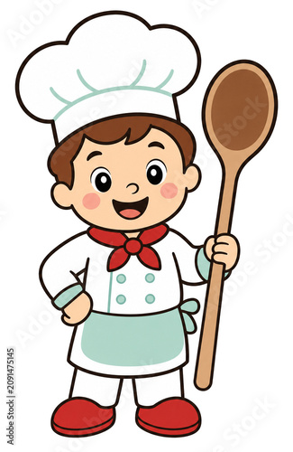 Happy cartoon boy chef holding a wooden spoon and smiling  