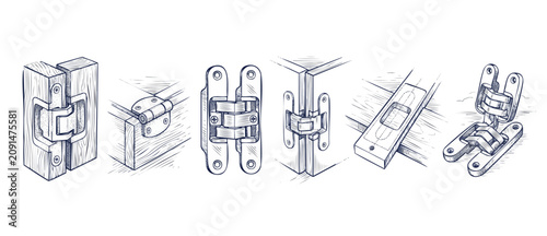 Konstfotografi Concealed door hinge technical illustration showing cabinet hardware installation steps and mortise joint details in vintage sketch style drawing for carpentry blueprint layout assembly guides