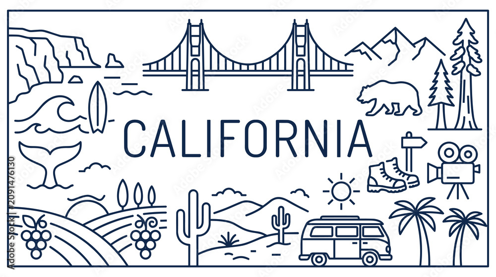 Obraz premium California state landmarks and travel icons collection.