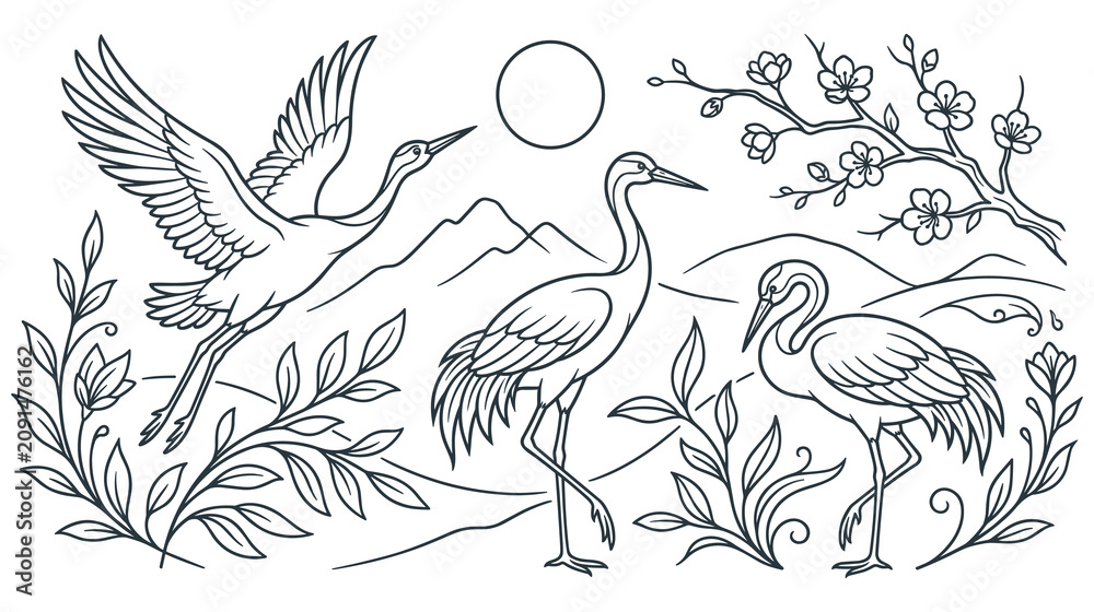 Fototapeta premium Cranes with mountains, flowers, and sun in asian style.