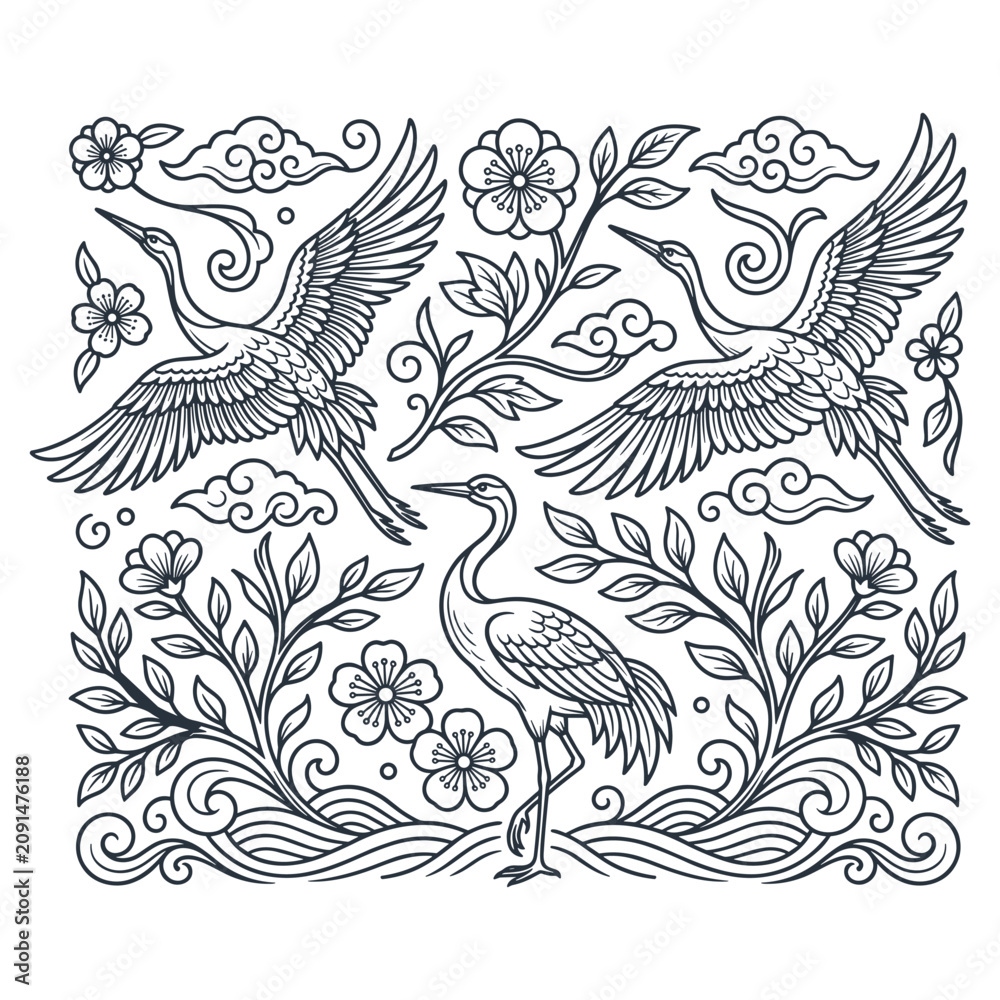 Fototapeta premium Illustration with cranes, flowers, and clouds in japanese style.