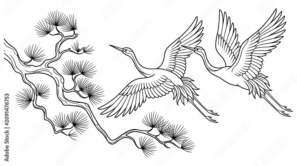 Fototapeta premium Two elegant cranes flying over old pine tree branch art.