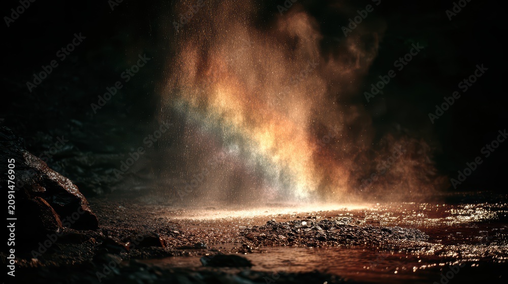 Obraz premium Dust Devil with Rainbow: A captivating dust devil whirls up a colorful rainbow effect against a dark, rocky landscape, hinting at hidden natural wonders and elemental forces.