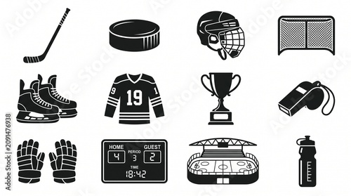 Collection of ice hockey equipment and symbols including stick skates jersey puck net trophy whistle scoreboard stadium and water bottle PNG Isolated on transparent background