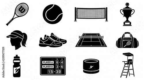 Collection of Tennis Equipment and Court Icons for Sports and Recreation PNG Isolated on transparent background