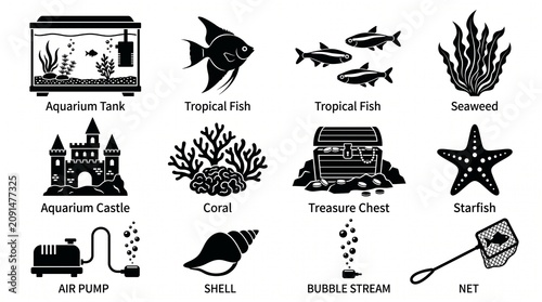 Collection of Aquarium and Underwater Themed Icons Including Fish Tank, Coral, Treasure Chest, Starfish, and Seaweed PNG Isolated on transparent background
