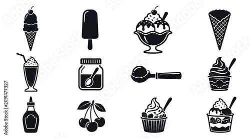 Collection of black and white ice cream and dessert icons including cones, popsicles, sundaes, and toppings PNG Isolated on transparent background