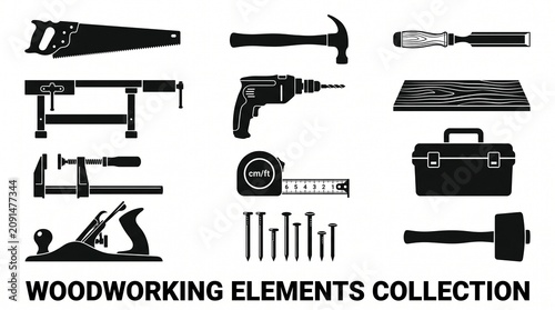 Collection of Black Silhouettes of Woodworking Tools and Materials for Craftsmanship and Construction PNG Isolated on transparent background