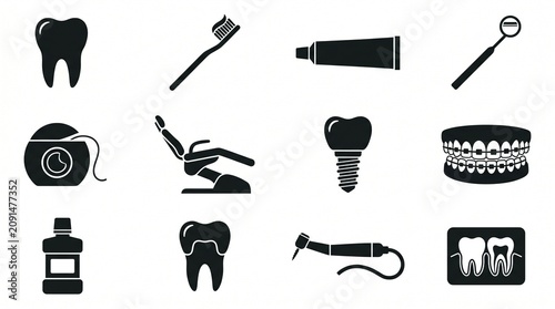 Dental care icons including tooth implant, braces, toothbrush, toothpaste, dental chair, floss, mouthwash, and x-ray PNG Isolated on transparent background