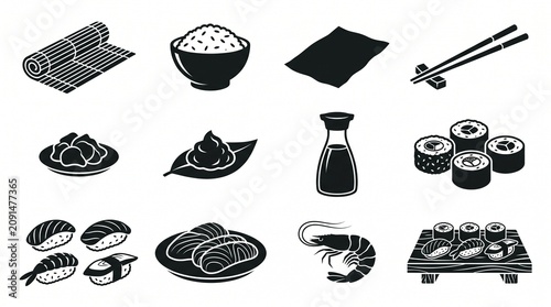 Collection of Japanese Sushi and Sashimi Ingredients and Dishes Icons PNG Isolated on transparent background