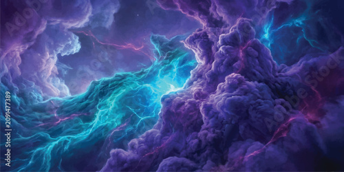 Tableau sur toile Cosmic Dance of Nebula: An ethereal nebula ablaze with vibrant blues and purples, where gas and dust intertwine in a celestial ballet, hinting at the birth of stars