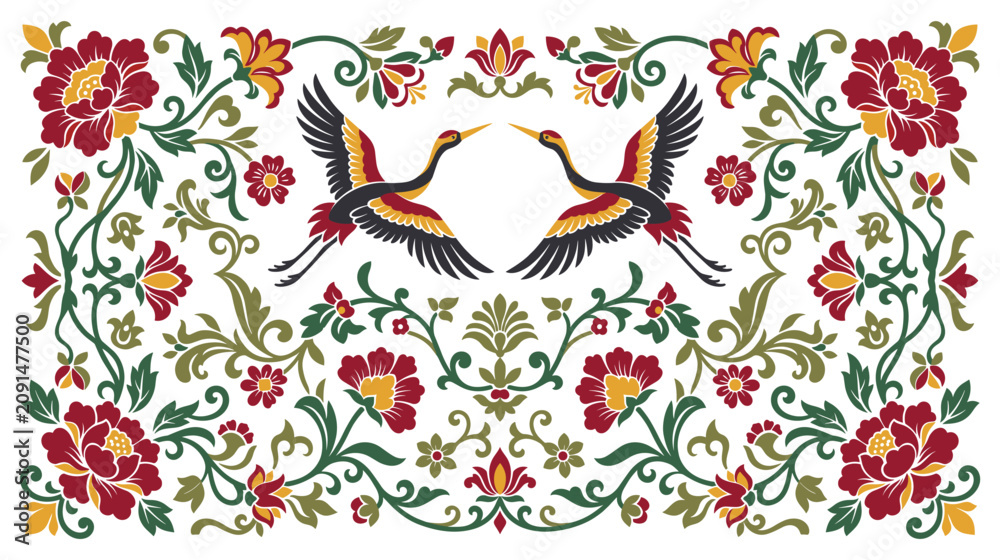 Fototapeta premium Oriental floral ornament with cranes in vintage style.