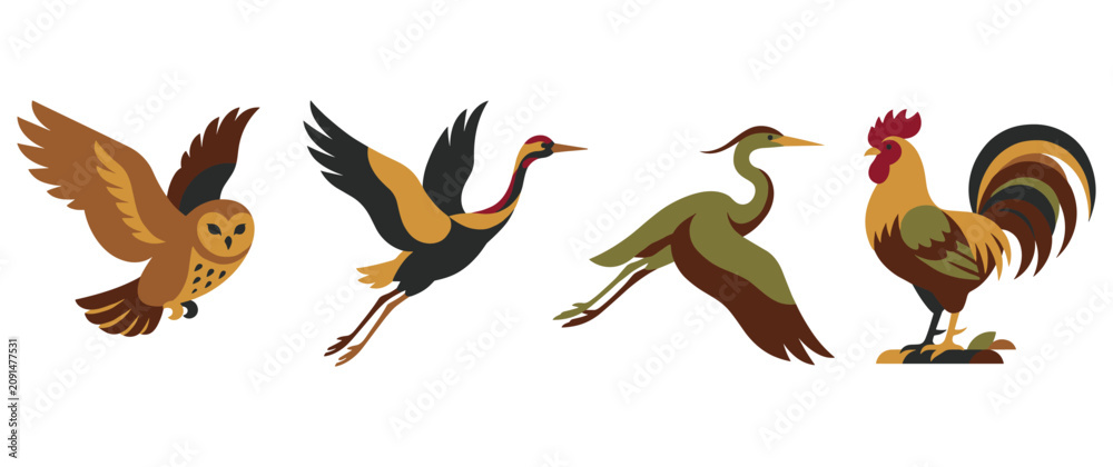 Fototapeta premium Different types of stylized birds with simple shapes.