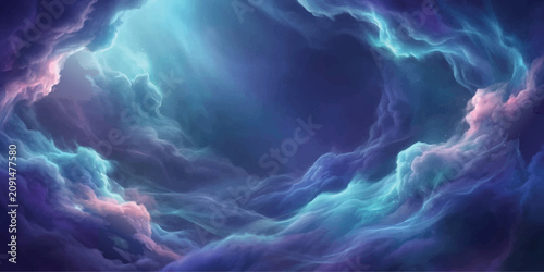 Fotografie Cosmic Dreamscape: Ethereal clouds in hues of deep blue, violet, and soft pink swirl and blend, creating a mystical and dreamlike atmosphere, reminiscent of a nebula in deep space