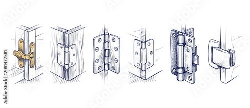 Door hinge hardware illustration set featuring vintage metal cabinet latches, window locks, and mounting mechanisms in hand-drawn engraving sketch style isolated on white background ideal for DIY use.