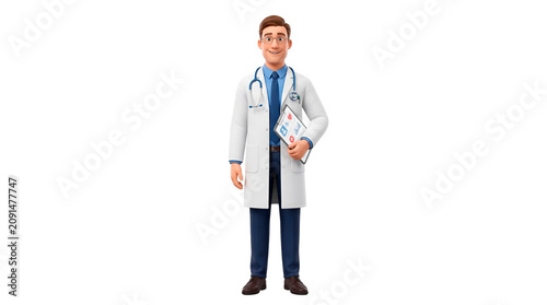Smiling Cartoon Doctor Wearing White Lab Coat and Stethoscope Holding Medical Chart PNG Isolated on transparent background