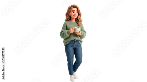 Stylized 3D woman with blonde wavy hair wearing a green sweater and blue jeans holding a mug PNG Isolated on transparent background