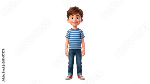Happy young boy with brown hair wearing a blue striped t-shirt and jeans, standing with a smile PNG Isolated on transparent background