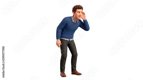 Curious man with curly hair cupping his ear to listen intently, wearing a blue sweater and dark trousers PNG Isolated on transparent background