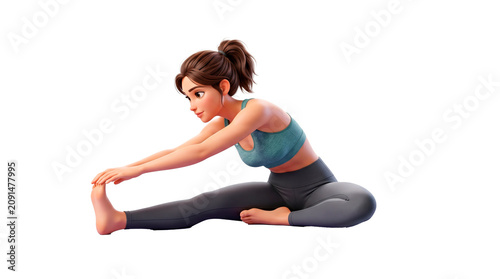Animated young woman in athletic wear stretching her legs in a seated forward bend pose for fitness PNG Isolated on transparent background