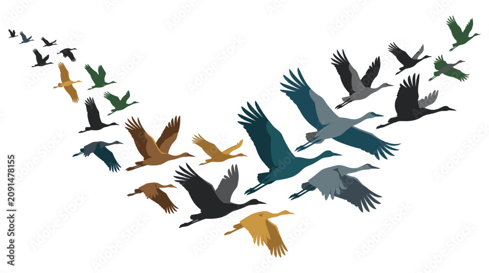 Fototapeta premium Migrating flock of cranes flying in formation in sky.