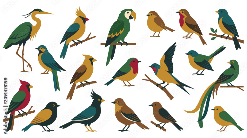 Obraz premium Diverse collection of colorful wild bird illustrations.