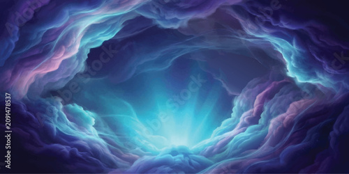 Cuadro en lienzo Cosmic Dreamscape: Ethereal wisps of nebulae in shades of deep purple and glowing cyan swirl, creating a portal-like opening into a radiant, luminous core