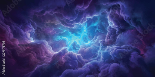 Photos Cosmic Nebula Dance: A breathtaking cosmic nebula unfolds in a mesmerizing display of swirling clouds, vibrant hues of purple and blue, and a radiant, electric blue core