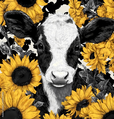 Calf rests among blooming yellow sunflowers.