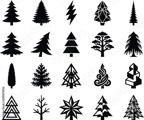 Collection of stylized christmas tree and winter nature vector icons isolated on transparent background