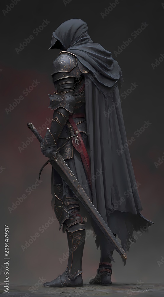 Obraz premium Knight stands in dark armor with long sword.