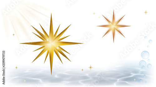 Floating Golden Starfish Shapes on Soft Blue Gradient Watercolor Background Minimalist Design