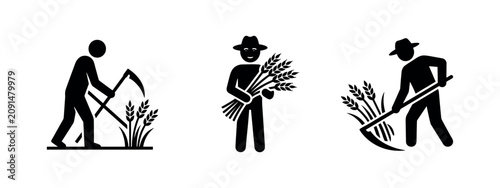 Cuadro en lienzo Farmer Harvesting Grain Icons Set, Agricultural Worker and Crop Silhouettes with