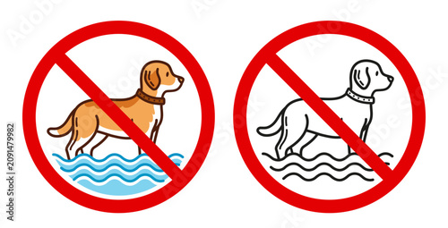 No swimming dog allowed, not doggy pet bathing in pool area prohibition sign. Forbidden entry canine domestic animal in water public sea or river beach zone. Restricted red warning stop symbol. Vector