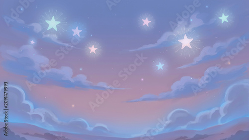 Dreamy Cosmic Sky with Glowing Stars and Soft Clouds in Pastel Twilight