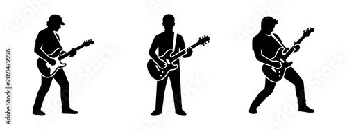 Fotografie Electric Guitar Player Silhouettes, Rock Musician Icons Set for Performance and