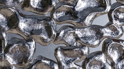 Shiny puddles of molten gallium metal reflecting light on a smooth brushed chrome surface
