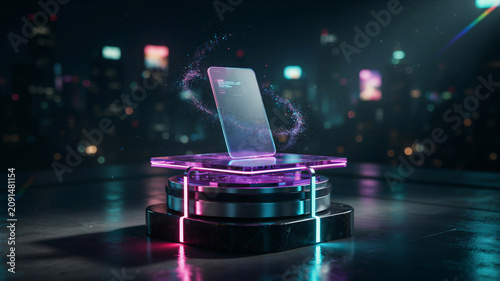 Futuristic smartphone hologram display on reflective dark surface with neon lighting