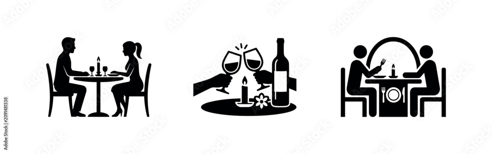 Fototapeta premium Romantic Dinner and Date Night Icons Set. Couple Dining and Celebration Symbols.