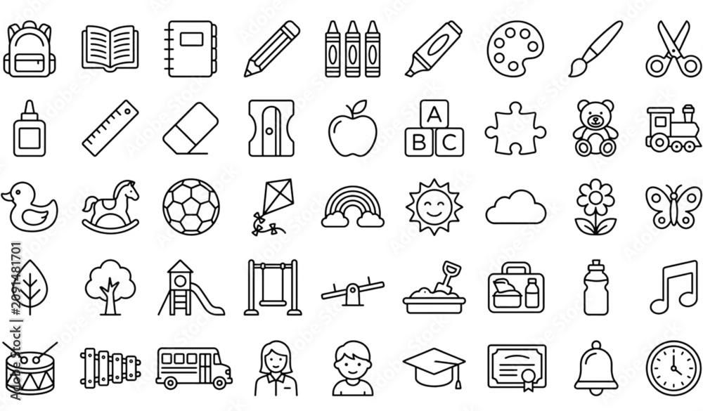 Naklejka premium Modern Kindergarten Line Icon Set – 45 Preschool Education Editable Stroke Outline Icons
