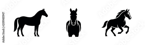 Tableau sur toile Horse icons: standing side profile, frontal view, and prancing side view
