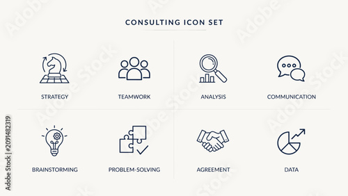 Minimal black and white consulting icon set with eight hand-drawn style symbols . Vector Flat Illustration.