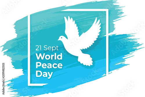 World peace day concept with white dove silhouette flying over blue watercolor brush strokes background for global harmony